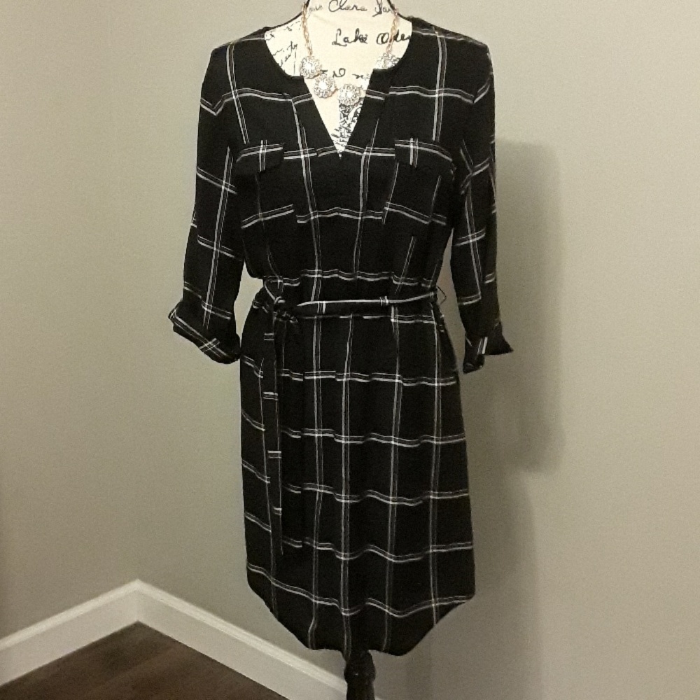 Black belted plaid dress